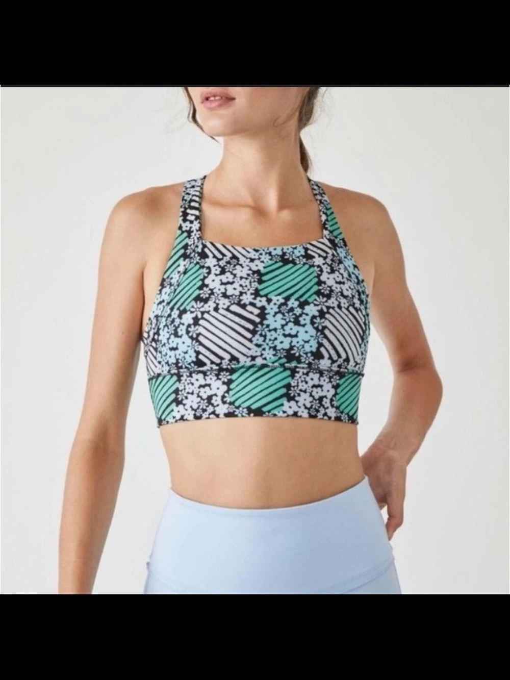 Free People Floral Geo High-Neck Sports Bra in Mint, Black & White